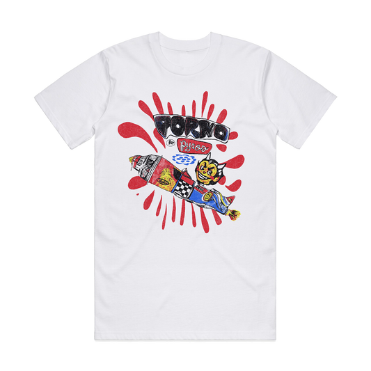 The front of the Devil Rocket Tee with the Porno For Pyros Devil Rocket design printed on it.